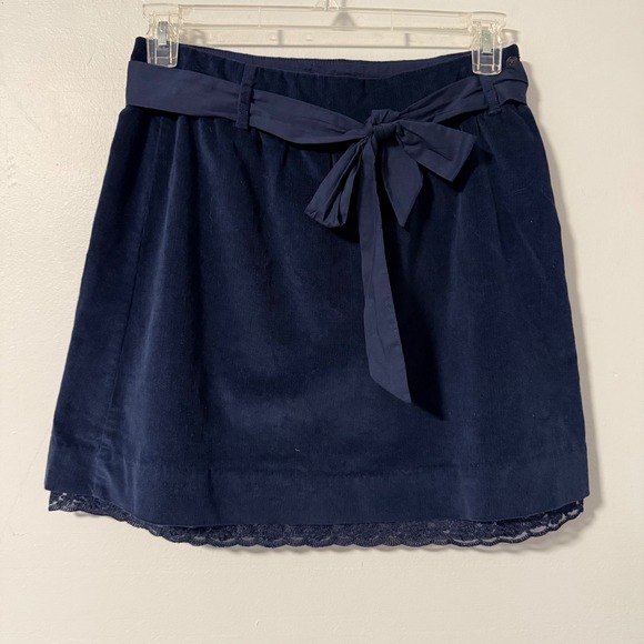 Garnet Hill Dresses & Skirts - Garnet Hill Navy Corduroy‎ Mini Skirt A-Line Lace Trim Bow Tie Waist Size 6